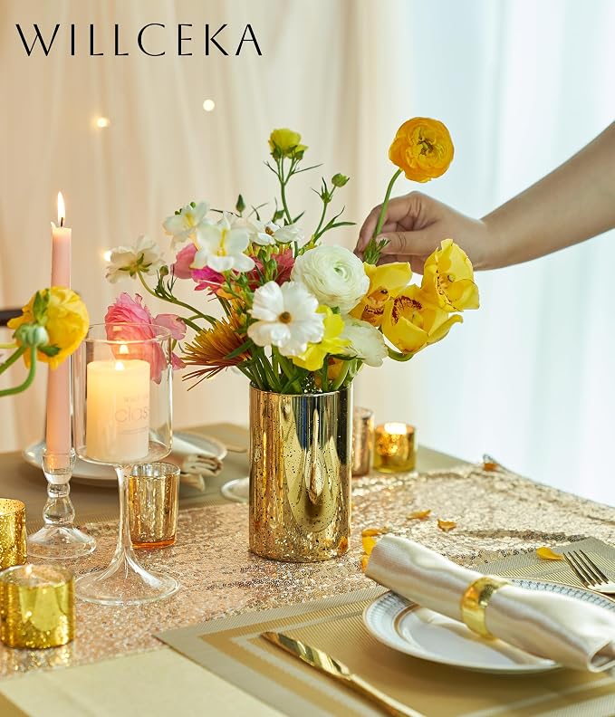 Willceka Gold Candle Holder Hurricane Candle Cylinder Vases for Centerpieces Set of 6 for Wedding Table Centerpiece