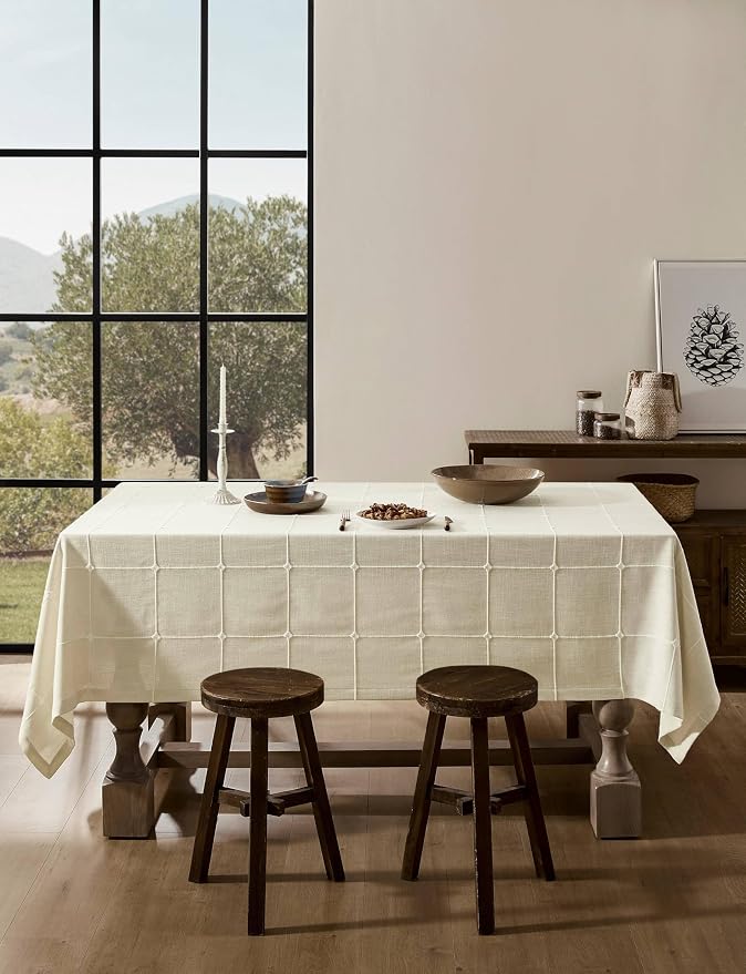 ZeeMart Grid Embroidered Hemmed Tablecloths, Ivory 60x104 Inch, Farmhouse Style Heavy Weight Cotton Linen Ivory Tablecloths, Boho Plaid Water Resistant Rectangle Table Cloth
