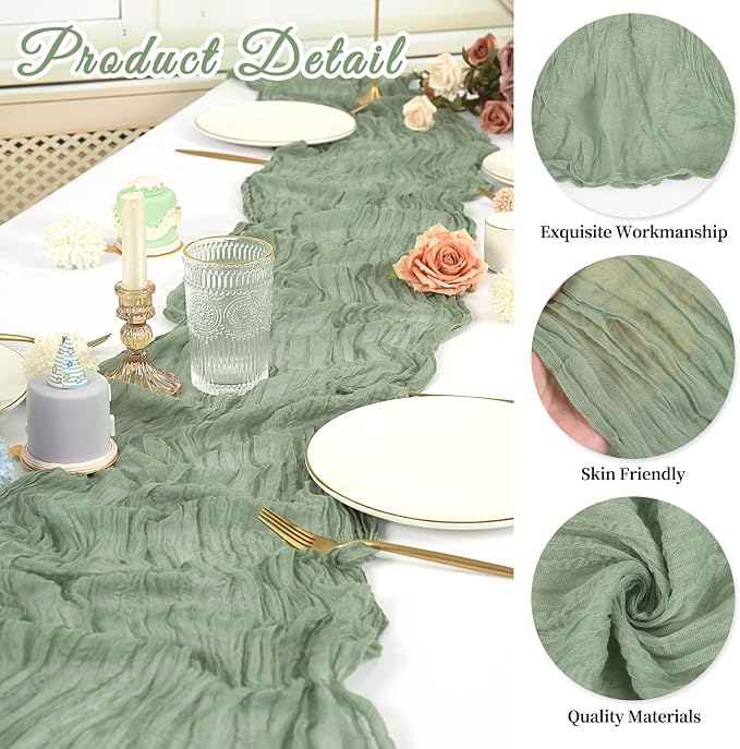 10 Pack Cheesecloth Table Runner 17 x 108 inch Long Boho Gauze Table Runners Semi Sheer Table Runner for Wedding Decor, Baby Shower, Birthday Party, Banquet (Sage Green)