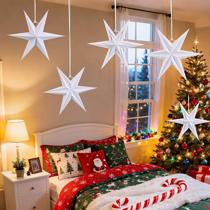 SUNBEAUTY Christmas Paper Stars, 6 Pointed 12 Inch White Color Hanging Paper Star Lanterns, Christmas Decorations Hanging Lamp for Indoor Xmas Tree, Yard, Home Decor Birthday