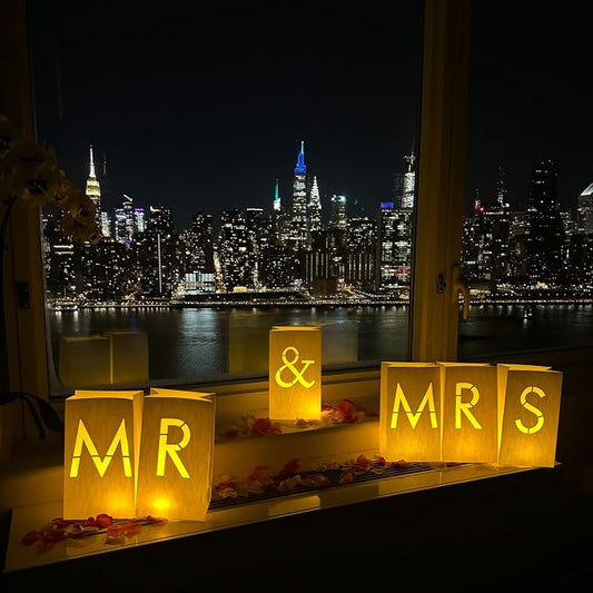WYMM “MR & MRS” light up letters with Tealight Candles and Rose petals included. Luminary Paper Bags to be used as Wedding Decorations for Reception or as Newlywed Gift for the Honeymoon Suite