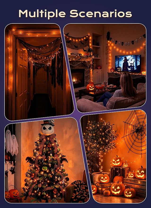 Halloween Fairy Lights Plug in, 33Ft 100LEDs Orange Fairy Lights, Waterproof Flexible Black Wire String Lights for Bedroom Home Party Ghost Haunted House Indoor Outdoor Halloween Decorations, Orange