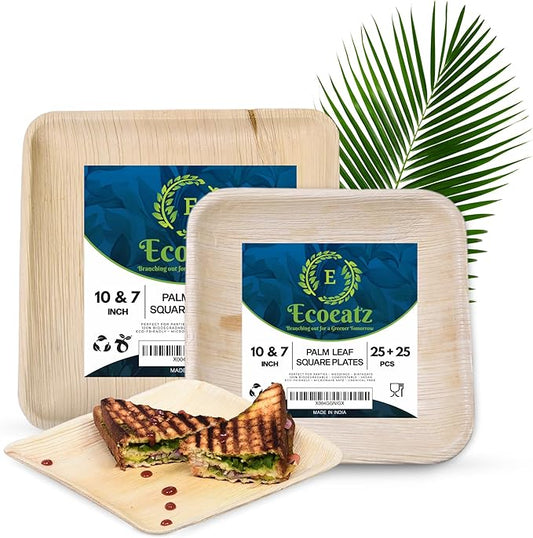 Palm Leaf Plates 50-Piece Set, 10 & 7 Inch Square Party Plates, Heavy-Duty Compostable & Biodegradable, Microwave Safe, Palm Leaf Disposable Bamboo Plates for Appetizers, Parties, Weddings & BBQs