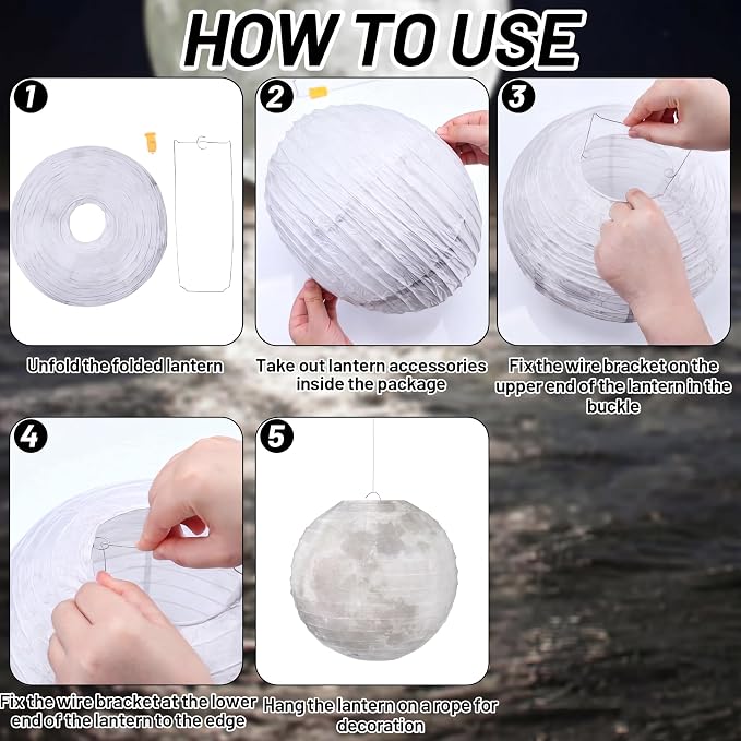 Baquler 12 Pcs 12" Back to School Moon Lanterns Classroom Ceiling Hanging Decoration Space Moon Party Birthday Decorations Decorative Grey Hanging Ball Paper Lanterns for Room Classroom Party