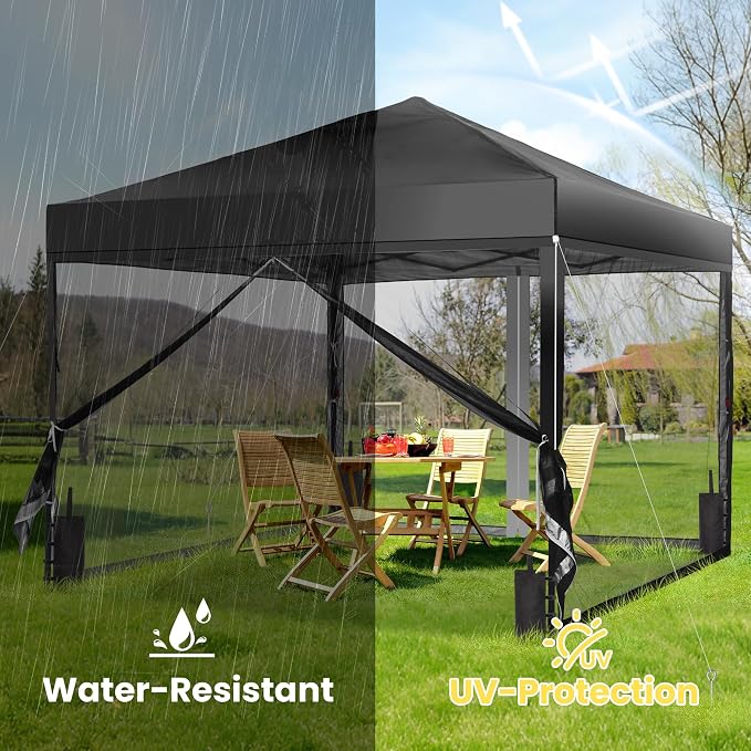 GDY 10x10 Pop up Canopy Tent with Mosquito Netting, Easy up Gazebo for Patio, Camping and Garden, Includes 4 Sandbags, Black