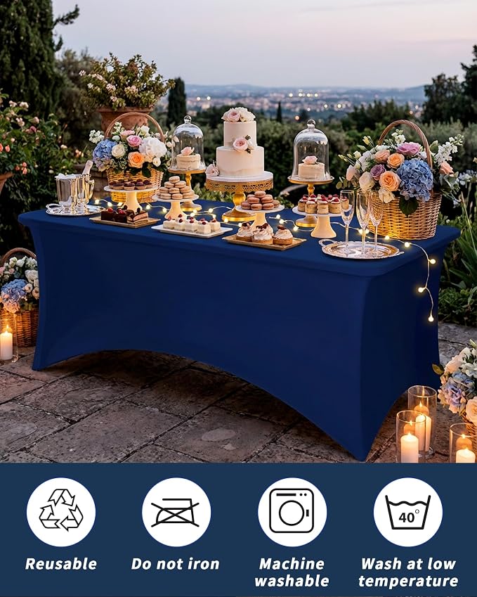 Fixwal 3 Pack Navy Blue Tablecloth Rectangle 8Ft, Stretch Spandex Fitted Table Cover for Party, Trade Show, Wedding, Buffet, Graduation, Vendor Stand