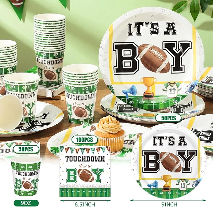 Hushee 200 Pcs Touch Down It's a Boy Baby Shower Paper Plates Napkins Cups Football Party Supplies Tableware Set Football Disposable Plates for 50 Guest Party Decor