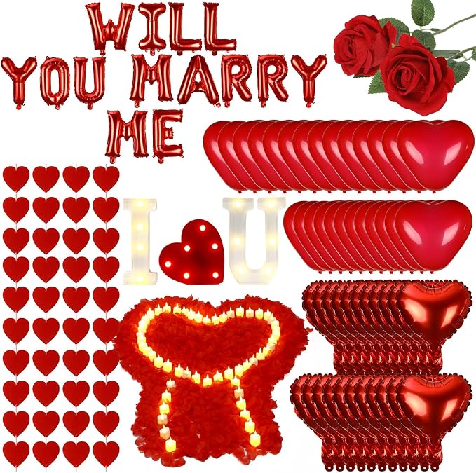 3249pcs Proposal Decoration Anniversary Valentines Day Decoration Romantic Special Night Decor Bedroom Decor Rose Petal LED Hearts "WILL YOU MARRY ME" Balloon Heart Candle Artificial Rose Heart String