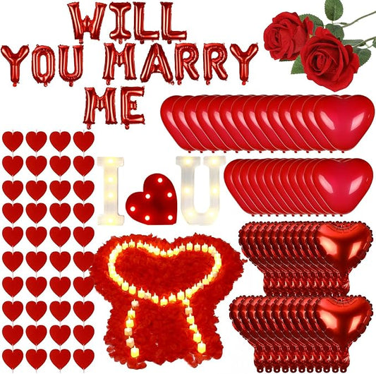 3249pcs Proposal Decoration Anniversary Valentines Day Decoration Romantic Special Night Decor Bedroom Decor Rose Petal LED Hearts "WILL YOU MARRY ME" Balloon Heart Candle Artificial Rose Heart String