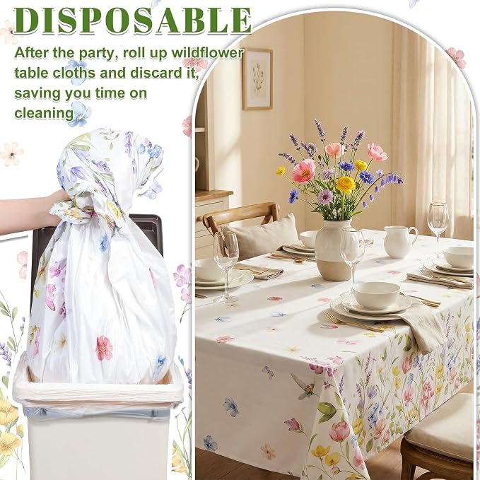 NatNarr 6 Pack Wildflower Plastic Tablecloths, 54 X 108Inch Spring Tablecloth Disposable Tea Party Table Cloth, Butterfly Wildflower Porcelain Tables Decor for Tea Party Birthday Garden Wedding Party