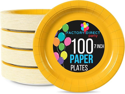 Exquisite Party Solids Yellow Paper Plates Disposable Heavy Duty 7 Inch Yellow Disposable Plates For Party 100 Pcs Heavy Duty 350 GSM, Birthday Supplies