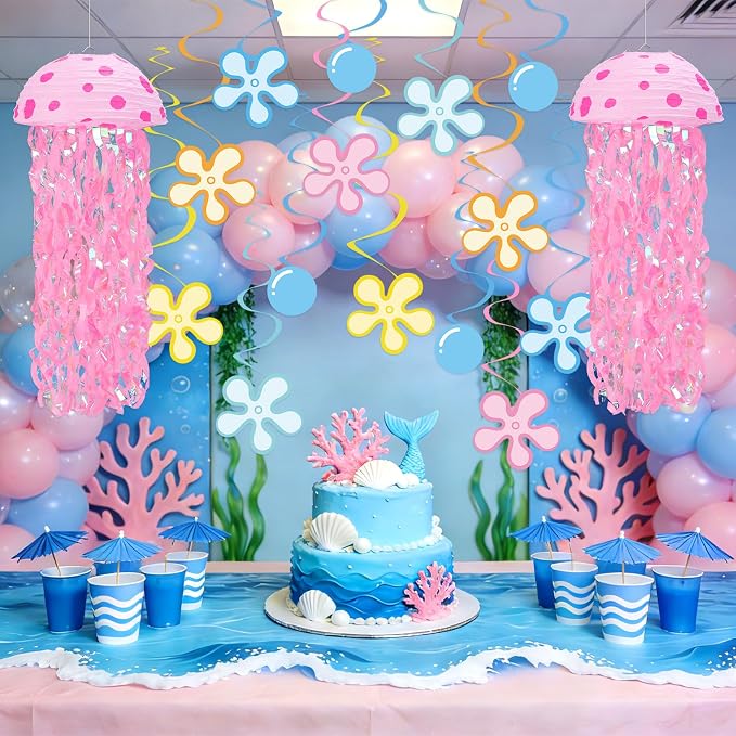 Whaline 30 Pcs 10 Inch Cartoon Sponge Themed Birthday Party Decoration Jellyfish Hanging Paper Lanterns with Tassel Hanging Swirls Ornament for Summer Mermaid Ocean Under The Sea Party Home Classroom