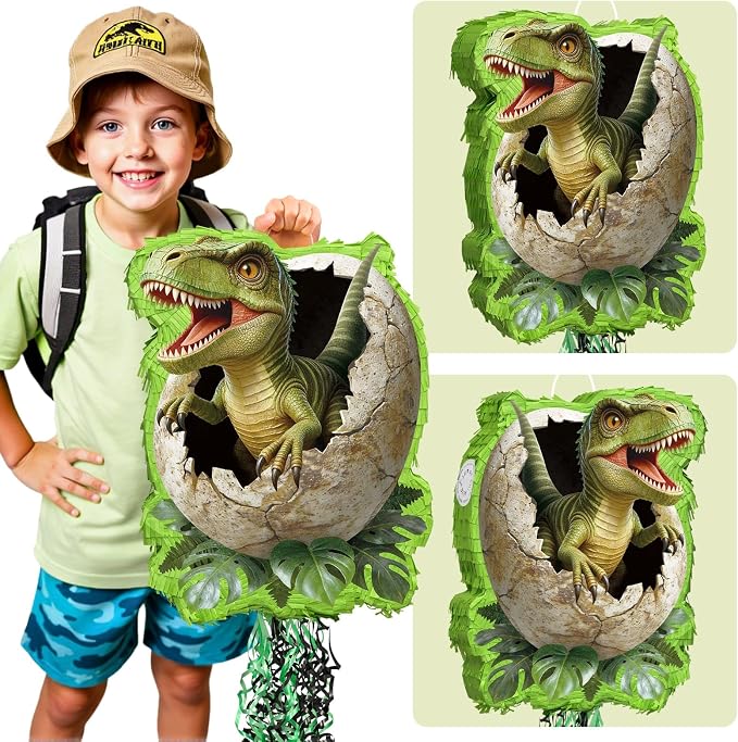 WERNNSAI Dinosaur Egg Piñata - Trex Piñata with Blindfold and Bat for Boys Kids Dinosaur Birthday Party Supplies Realistic Green Rex Dino Jungle Party Decoration