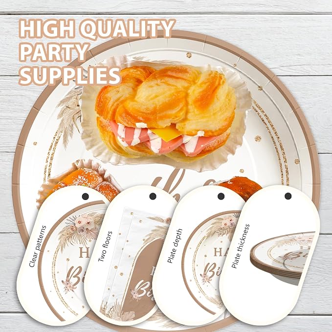 Grencian 96PCS Boho Birthday Party Decorations Boho Birthday Plates and Napkins Disposable Bohemian Pampas Grass Floral Paper Tableware Set for Girls Women Happy Birth-day Party Supplies, Serves 24