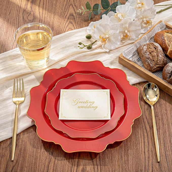 WDF 175Pcs Red Plates - Red Plastic Plates with Gold Rim - Fancy Disposable Dinnerware Sets Ideal for Party/Wedding/Spring/4th of July/Memorial Day