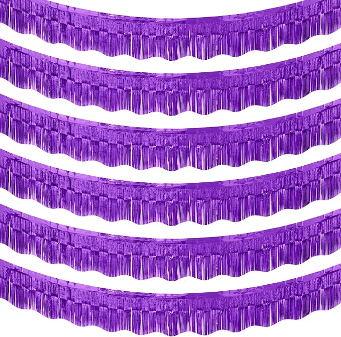 LOLStar Purple Foil Fringe Tinsel Garland, Tinsel Streamers Banner, 6 Pack | 60Ft Tinsel Streamers, Shiny Purple Wall Hanging Tinsel Fringe Banners for Graduation, Parade Float, Halloween Party Decor
