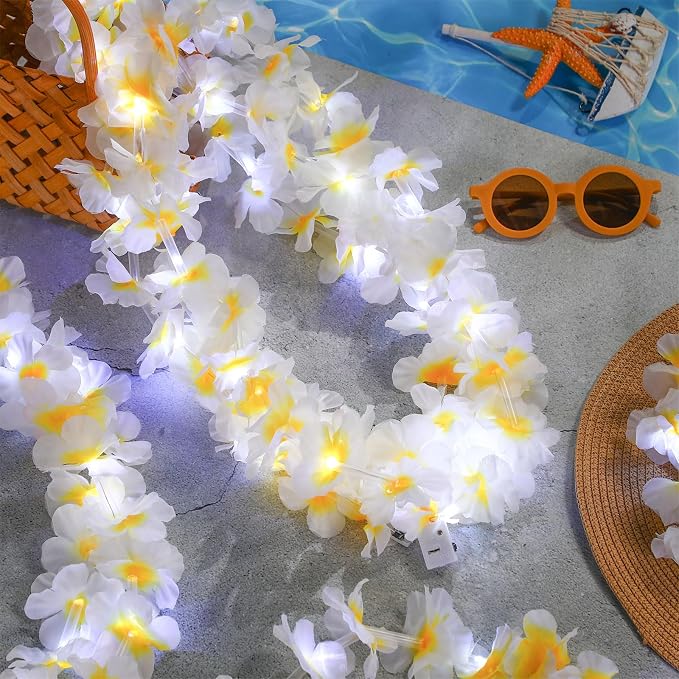 Sherr 48 Pcs LED Hawaiian Leis Light up Flower Leis Necklace with LED Lights Luau Flowers Necklaces for Masquerade Beach Wedding Tropical Themed Party Supplies(White with Yellow)