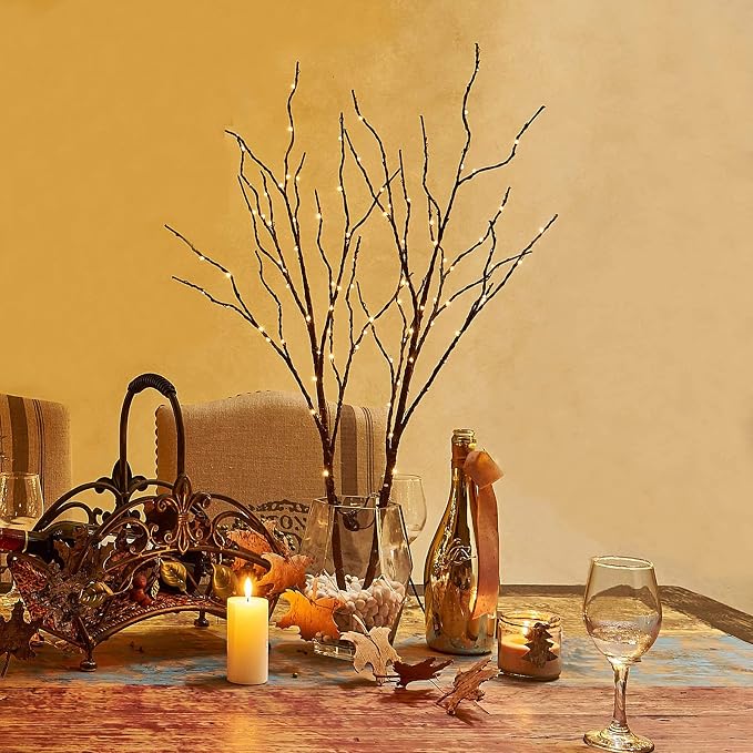 Birchlitland Lighted Brown Branches 32IN 100 LED with Timer Battery Operated, Artificial Tree Branch with Warm,Willow Branch Lights for Home Bedroom Fireplace Christmas Holiday Decoration