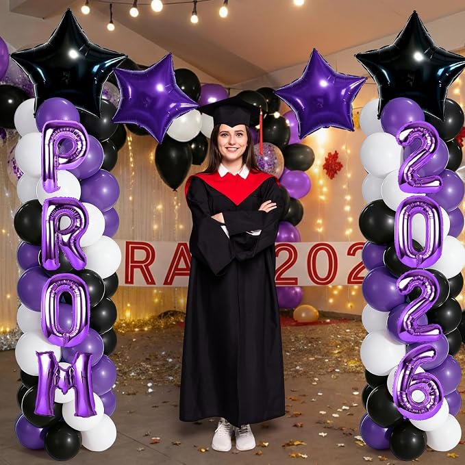 2 Sets Graduation Balloon Column Stand Kits with 132 PCS Purple Black White Latex Balloons 2026 Letters 6.5 Ft Adjustable Metal Tube Telescopic Tower Pillar with Base for Graduation Party Decoration