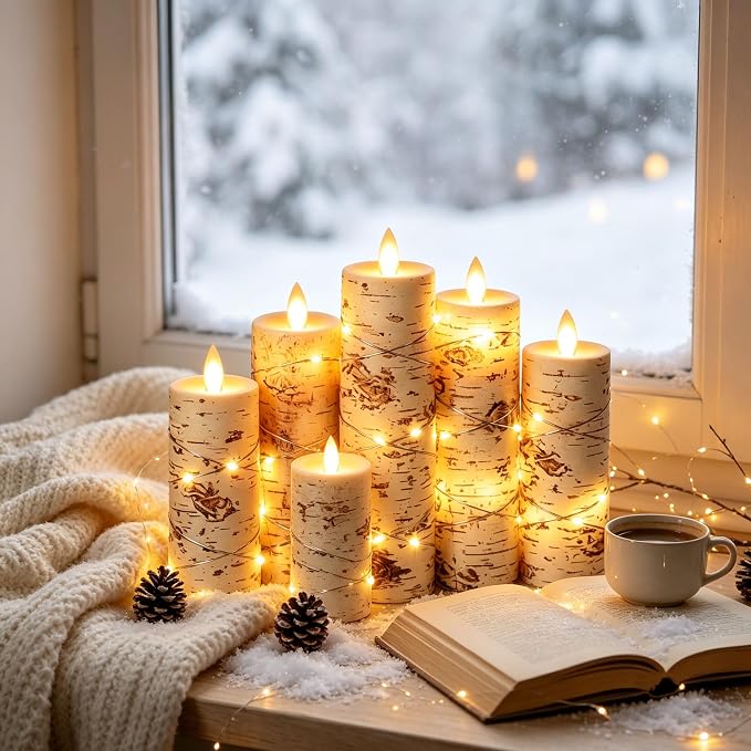 Da by 5 Pack Birch Bark Real Wax Flameless Taper Candles, Lifelike Flickering LED Candles with Copper String Lights, Battery Operated Candles with Remote for Farmhouse Wedding Home Decor