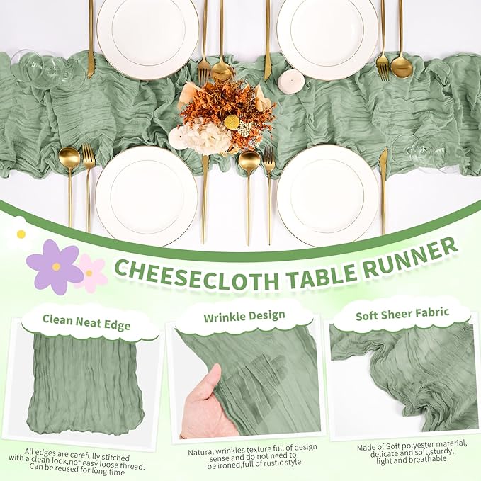 6 Pack Sage Green Table Runner, Cheesecloth Table Runner Long Romantic Semi Sheer Rustic Boho Gauze Table Runners for Wedding Bridal Shower Birthday Party Decorations(17.7×108 Inch)
