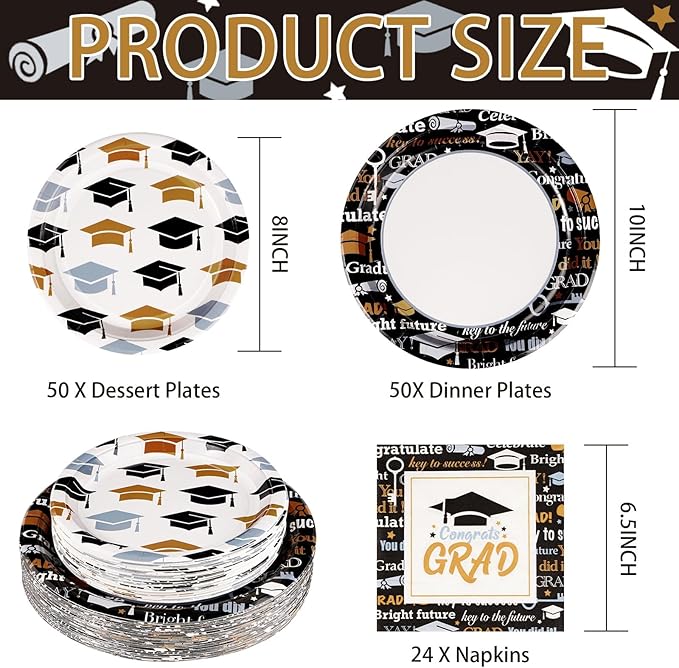 Grencian Graduation Decorations Class of 2026 200Pcs Graduation Plates and Napkins Disposable Congrats Grad Tableware Black Gold Graduation Party Supplies for 2026 Graduations Party, Serve 50