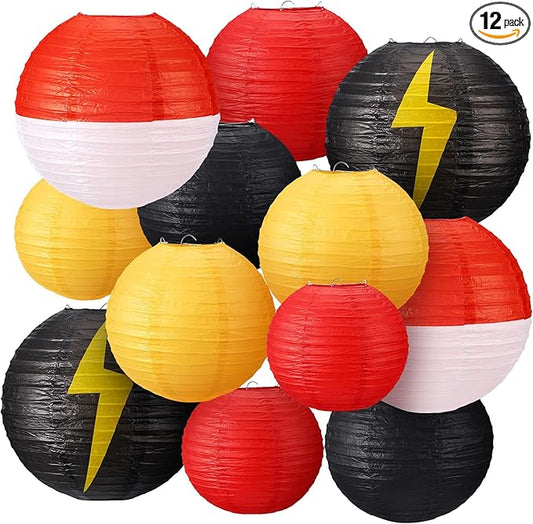 Weysat 12 Pcs Cartoon Ball Animation Themed Hanging Paper Lanterns Cartoon Game Anime Themed Red Black Yellow and White Round Lantern Decorations for Birthday Party Shower Classroom Home Decor