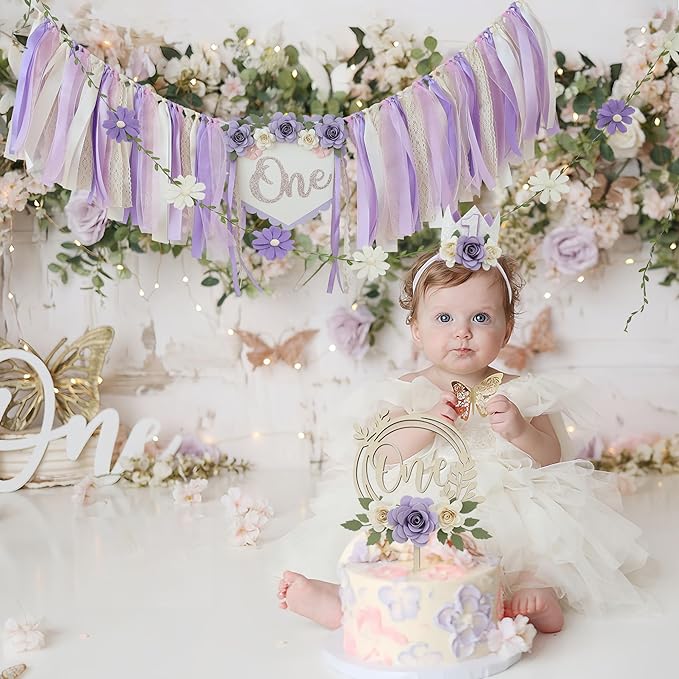 JUIIZAY First Birthday Decorations for Girl Purple High Chair Banner One Flower Cake Topper Floral Hat Wildflower Garland 1st Birthday Decoration Supplies