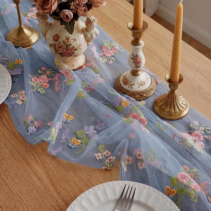 Blue Floral Table Runner 10ft Embroidery Tulle Spring Wildflower Table Runner Seasonal Summer Butterfly Kitchen Dining Gauze Decoration for Wedding Baby Shower Birthday Party (1 Pcs)