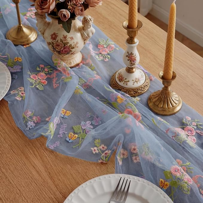 Blue Floral Table Runner 10ft Embroidery Tulle Spring Wildflower Table Runner Seasonal Summer Butterfly Kitchen Dining Gauze Decoration for Wedding Baby Bridal Shower Birthday Party (3 Pcs)