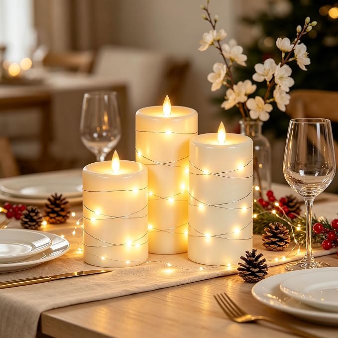 Da by 3 Pack Ivory Real Wax Flameless Taper Candles, Lifelike Flickering LED Flame Candles with Surrounding Fairy String Lights, Soft Warm Battery Candles with Remote for Home Wedding Holiday Decor