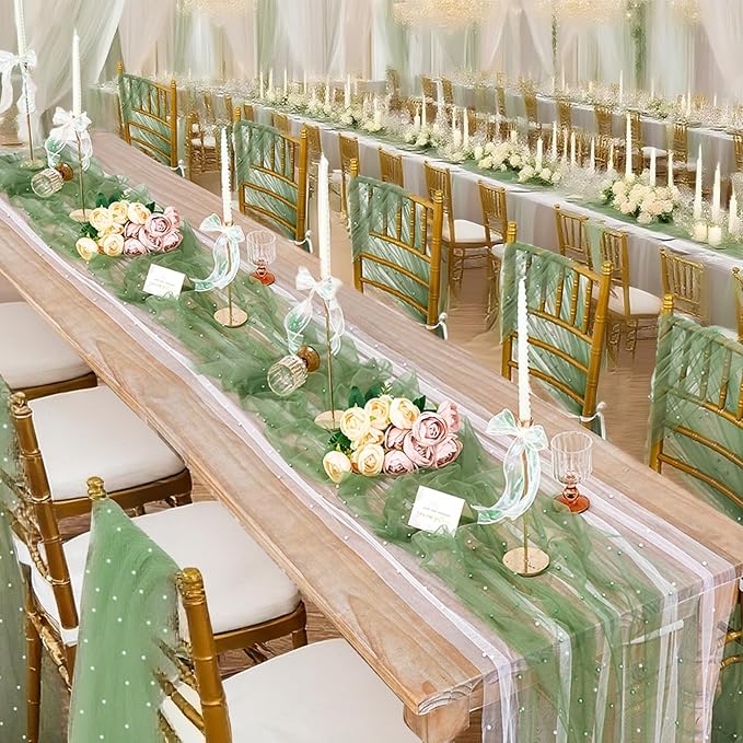 Wedding Pearl Tulle Table Runner: 10ft Sheer Fabric 6pcs Wedding Lace Desk Runners Arch Ceilings for Bridal Veil Baby Shower Sweetheart Table Decorations