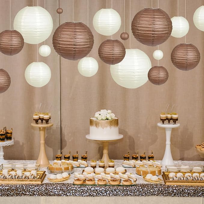 20Pcs Paper Lanterns Decorative, Brown and Ivory Round Hanging Paper Lanterns Decorations for Rustic Party Bridal Shower Wedding Birthday Party Supplies