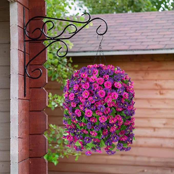 Ammyoo Artificial Fake Hanging Flowers Basket for Spring Decor, Faux Silk Flower in Planter for Summer, Outdoor Artificial Floral for Home Porch Yard(Purple-red Deep Purple)