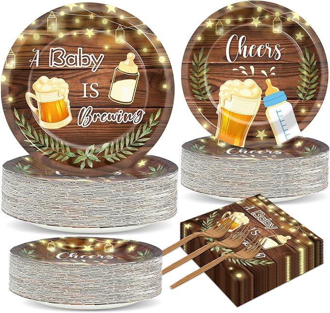 50 Guests A Baby is Brewing Baby Shower Plates and Napkins Party Supplies Baby is Brewing Party Decorations Disposable Tableware Set Brew Dinnerware Favors Decorations for Kids Boys Girls, 200PCS