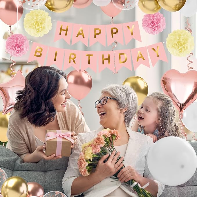 Rose Gold Happy Birthday Party Decorations, Happy Birthday Banner, Rose Gold Heart Star Foil Confetti Balloons and Pink Balloons Party Decorations Kit for Girls Women Princess