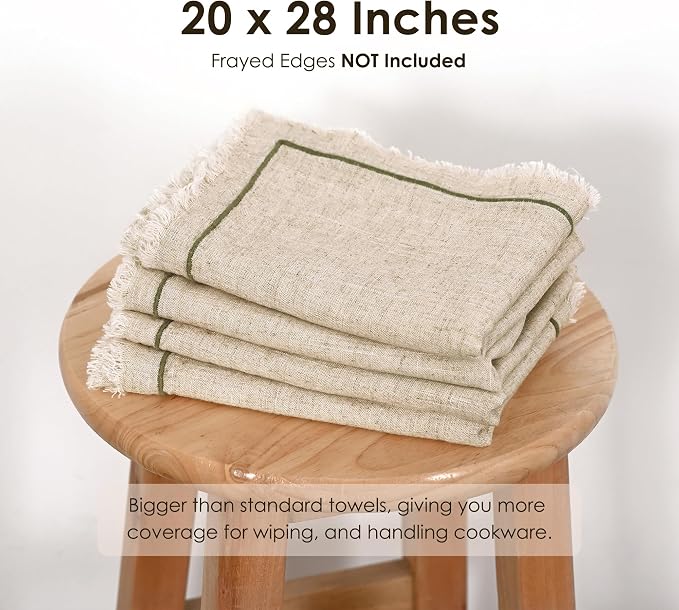 Linen World Dish Towels Set of 4, 20 x 28 Inch Linen Blend Kitchen Towel, Frayed Edge, Embroidered Border, Absorbent Large Tea Towels-Natural