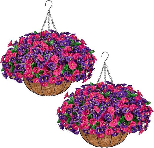 TTQ Set of 2 Artificial Hanging Flower Baskets for Outdoor Decor, 16 Bundles Faux Silk Morning Glory Flowers with 2 Hanging Baskets for Porch Patio Balcony Garden Spring Summer Decoration