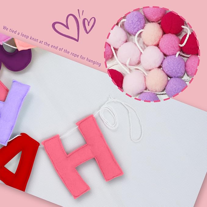 2 PCS Pre-Strung 3D Felt Happy Birthday Banner - Reusable Happy Birthday Decorations Sign, Felt Ball Garland, Pom Pom Garland, Party Decor, Photo Prop（pink & purple）