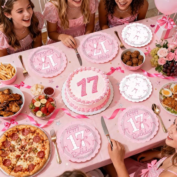 96Pcs Pink Bow Party Supplies 17th Birthday Party Plates and Napkins Disposable Bow Themed Tableware Set for Girl Happy 17th Birthday Baby Shower Decorations, Serves 24