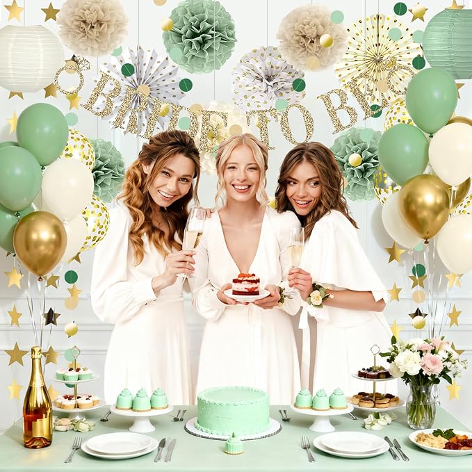 46Pcs Sage Green Bridal Shower Decorations - Boho Bachelorette Party Supplies with Bride to Be Banner, Paper Lanterns, Fans, Pom Poms & Balloons - Neutral Wedding Engagement Decor Kit