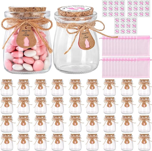 36 Pcs Baby Shower Party Favors for Guests, Baby Shower Gifts for Guest, 3.4 oz Small Glass Mason Jars with Cork Lids, Stickers, Label Tags, Twine, Organza Bags, Mini Candy Jar Favors for Girls