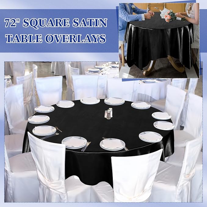 Newwiee 12 Pcs 72 Inch Satin Tablecloth Square Overlay Smooth Fabric Tablecloth Satin Table Cover Fabric Decoration Dining Cloths for Party Wedding Banquet Table Decoration(Black)