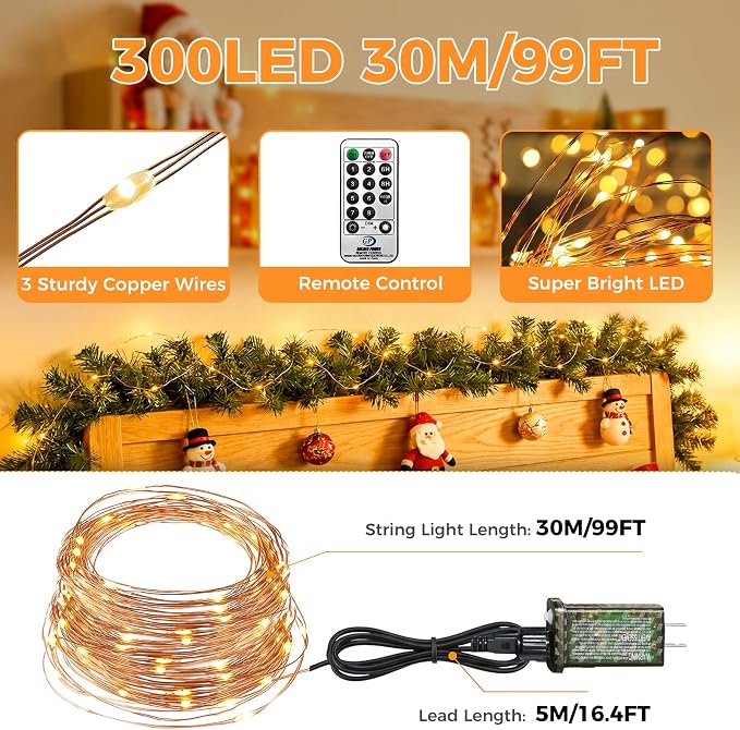 btfarm Fairy Lights Plug in with Remote, 99FT 300 LED Outdoor Twinkle Lights Waterproof with Timer, 8 Modes Indoor String Lights for Bedroom Patio Garden Wedding Christmas Decoration, Warm White