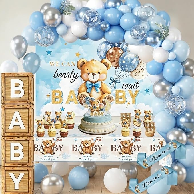 Bear Baby Shower Decorations, 140 PCS We Can Bearly Wait Baby Shower Party Supplies with Backdrop, Tablecloth, Cake Toppers, Balloons, Sash, Boxes, Blue Baby Them Party for Boy Baby Shower Decorations