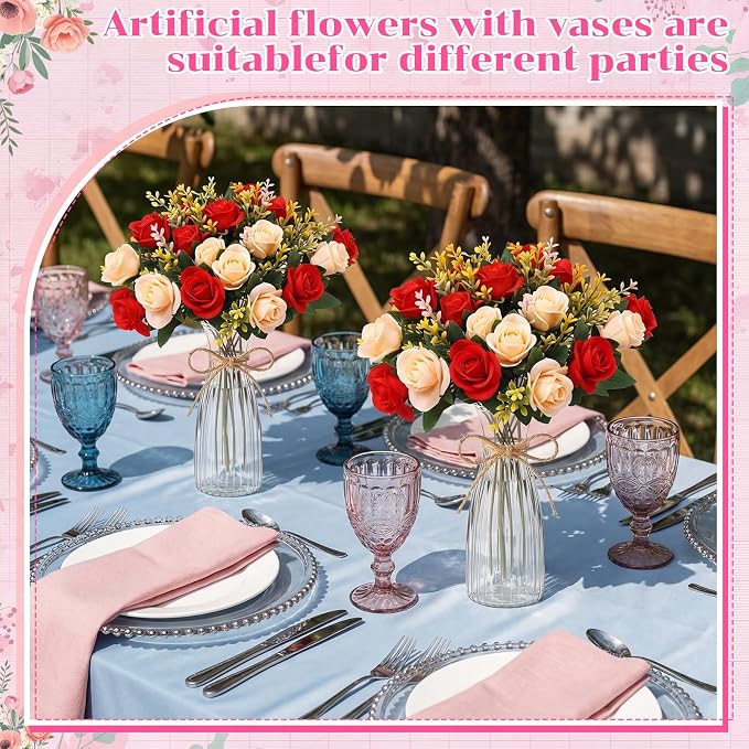 Zeyune 31 Pcs Rose Artificial Flowers with Vase Bulk for Table Centerpiece, 20 Bundles Fake Silk Roses 10 Plastic Clear Vase with 1 Pcs Rope Arrangement Decoration Wedding Home Party(Champagne,Red)