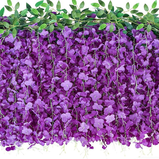 60 Branches Wisteria Hanging Flowers, 4Pcs Wisteria Artificial Flowers Garland, Artificial Wisteria Vine Silk Hanging Flower for Home Garden Outdoor Ceremony Wedding Arch Floral Decor (Purple)