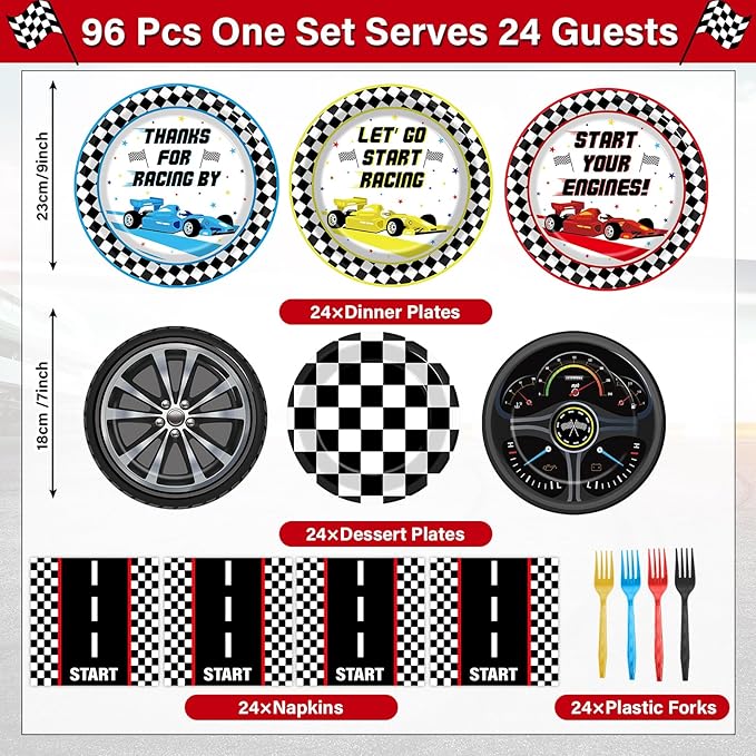 96Pcs Racing Car Birthday Party Plates and Napkins for Checked Race Car Party Decorations Start Your Engines Theme Paper Plates Tableware for Kids Serves 24 Racing Car Birthday Party Supplies Favors