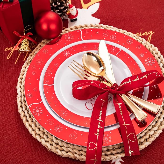 Rubtlamp 125Pcs Christmas Plastic Plates, Plastic Red Plates with Snow Christmas Tree, christmas Dinnerware Disposable Include 25 Party Red Dinner Platos,25 Fancy Salad plate,75 Gold Cutlery