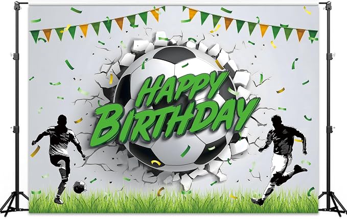 Soccer Happy Birthday Backdrop Football Theme Breaking The Wall Baby Party Banner for Kids Boys Photography Background Decoration Colorful Flags Green Grass Fabric Photo Shoot Studio Props